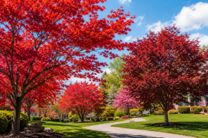 Trees With Red Leaves In The Spring